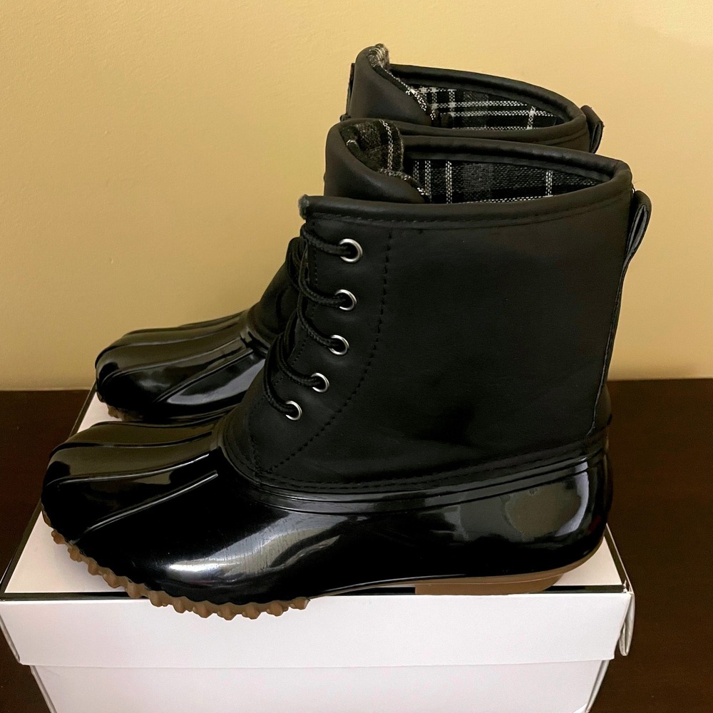 Charles Albert Womens Black Lace Up Duck Boots Plaid Lined Ankle Rain Boots 8